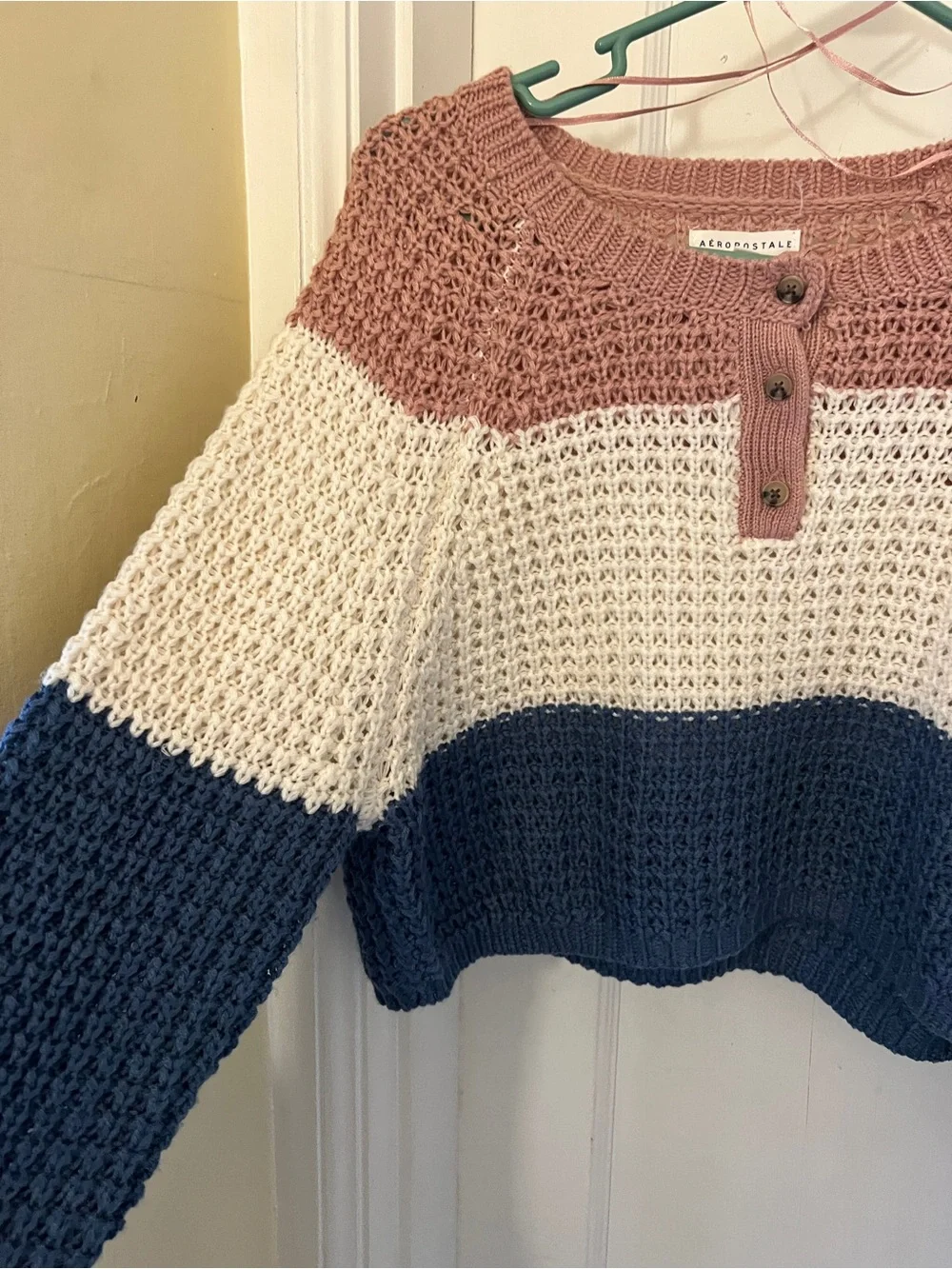 Aeropostale Cropped Colorblock Knit Sweater - Dusty Rose, Cream & Navy
